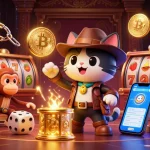 Experience thrilling action at Nk88 with a vibrant casino scene featuring a cat explorer and treasures.