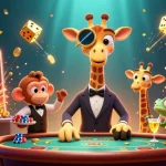 Jouez au casino en ligne le plus payant avec une girafe élégante, un valet singe, et un barman caméléon, entourés de machines à sous et de jets de pièces d'or.