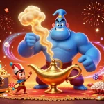 Experience excitement at red888 with a powerful genie, treasure, and poker chips in a dynamic scene.