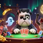 Illustration d'un bulldog Frankenstein et un chaton loup au casino en ligne le plus payant jouant aux cartes avec des jetons.