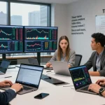 Traders utilizing MetaTrader 5 in a modern workspace with real-time data analysis.