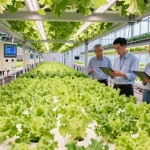 CIKA4D indoor agriculture facility featuring vertical farming systems and engineers optimizing plant growth.