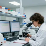 Researcher analyzing Swiss Chems peptides in a modern lab environment