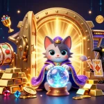 Illustration dynamique du "casino en ligne le plus payant" avec un chat mystique et un corbeau, entourés d'éléments de jeux de casino.