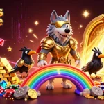 Plongez dans l'univers des casinos en ligne avec cette illustration dynamique mettant en scène un loup Odin et des éléments de jeu captivants.
