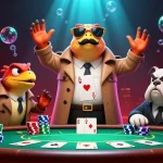 Illustration dynamique de raptors en trench coat entrant dans un casino en ligne le plus payant.