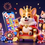 Experience thrilling gaming at o8 kjc with a royal corgi amidst vibrant slot games and dazzling celebrations.