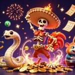 Illustration festive représentant le casino en ligne le plus payant avec un rooster mariachi dansant et des éléments de loterie.
