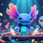 Animation captivante sur le meilleur site de paris sportifs, avec un DJ axolotl et des éléments de sport.