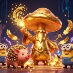 Visuel captivant sur le thème du casino en ligne retrait immédiat avec un sorcier champignon doré et des trésors scintillants.