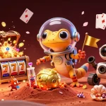 Illustration dynamique du casino en ligne 2026, mettant en scène un gecko martien et des éléments de jeu variés.