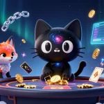 Profitez du casino en ligne 2026 avec un chat noir gravitationnel et une renarde nébuleuse au centre d'une scène de casino dynamique.