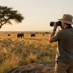 NAGA2000 traveler enjoying a sunset at Kidepo Valley National Park with wildlife in the background.