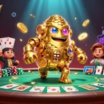 NOHU showcases an engaging casino scene with a golden golem and dynamic poker elements.