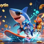 Engage in thrilling slots with nhacaibetuytin's vibrant illustration featuring fun characters and dynamic casino elements.