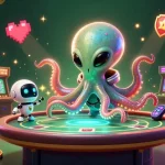 Experience thrilling gaming action with the london-slot alien octopus and its poker table in a vibrant casino scene.
