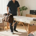 Experienced therapist providing 관악구출장마사지 service in a cozy living room, showcasing warmth and professionalism.