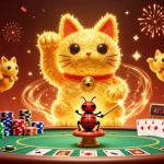 Boîte de jeux animée avec des lucioles dorées et un chat porte-bonheur, casino fiable en ligne impressionnant.