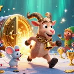 Play at kubetcr, a vibrant casino scene with Krampus and playful characters amidst riches.