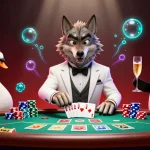 Illustration dynamique de casino en ligne français avec un loup, un cygne et un pingouin jouant au baccarat.