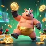 Casino français sans KYC : Illustration d'un scarabée sumo avec des pièces d'or et des éléments de crypto-monnaie