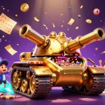 Visitez le meilleur site de paris sportifs avec un tank doré en modèle 3D et des éléments de jeu vibrants.