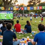 Fans enjoying كورة لايف during a live outdoor football match, with vibrant energy and community spirit.