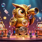 Casino en ligne retrait immédiat : illustration dynamique d'une scène animée avec une chouette dorée dans un casino