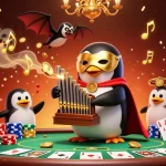 Le casino en ligne français en pleine action avec des pièces d'or, un pingouin, et une ambiance festive.
