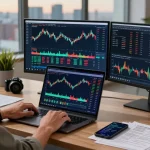 Trader analyzing market data with MetaTrader 5 on modern workspace.
