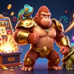 Un gorille puissant en armure d'or et un caméléon complice illustrent le casino français en ligne avec des jackpots éclatants.