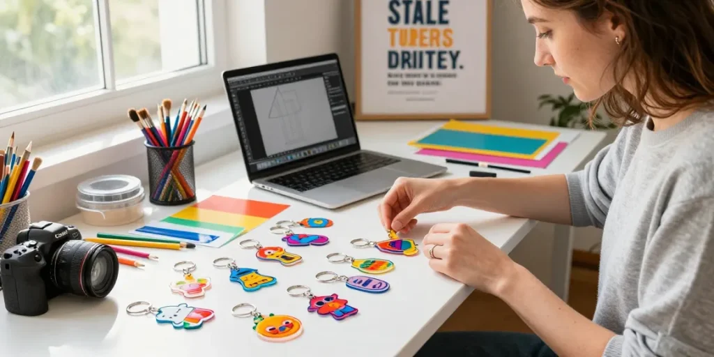 Custom acrylic keychain display in a vibrant workspace, designer arranging colourful keychains with creative tools.