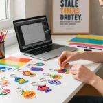 Custom acrylic keychain display in a vibrant workspace, designer arranging colourful keychains with creative tools.