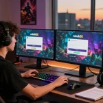 Accessing rokok88 login at a modern gaming setup with vibrant displays and immersive atmosphere.