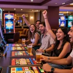 Friends celebrating wins at vibrant slot terpercaya machines in a lively casino.