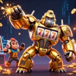 Experience thrilling gameplay with TK11's vibrant 3D illustration featuring a golden gorilla mech surrounded by slot elements.
