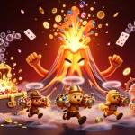 Illustration d'un casino en ligne français avec un volcan doré triomphant, des trésors et des cartes.