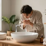 Wudu basin in a serene bathroom setting with natural light, promoting cleanliness and mindfulness.