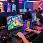 Player engaging with link slot88 in an exciting online gaming environment filled with virtual slots and neon lights.