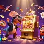 Cascade of golden coins and gems fly as appkeonhacai's pachycephalosaurus hits a jackpot slot machine.