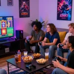 Energetic gaming session with friends on slot games at https://gravatar.com/playbook88official, showcasing a vibrant atmosphere.
