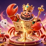 Experience casino thrills with fv88's golden crab emperor amidst coins, treasures, and vibrant game elements.