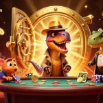 Casino en crypto : illustration d'un vélociraptor à une table de blackjack avec des éléments de jeu.