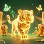Experience the excitement of sunwin with golden tiger navigating through a dazzling casino atmosphere.